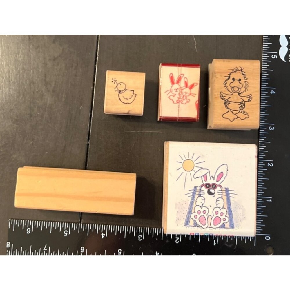 Set Of 5 Vintage Wood mounted Rubber Easter Stamps With Various Designs